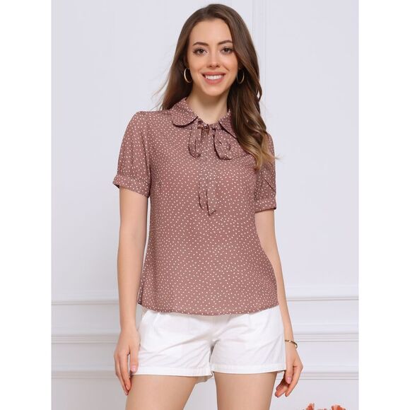 Dots Blouses Bow Tie Peter Pan Collar Chiffon Blouse Dark Pink - Picture 3 of 6